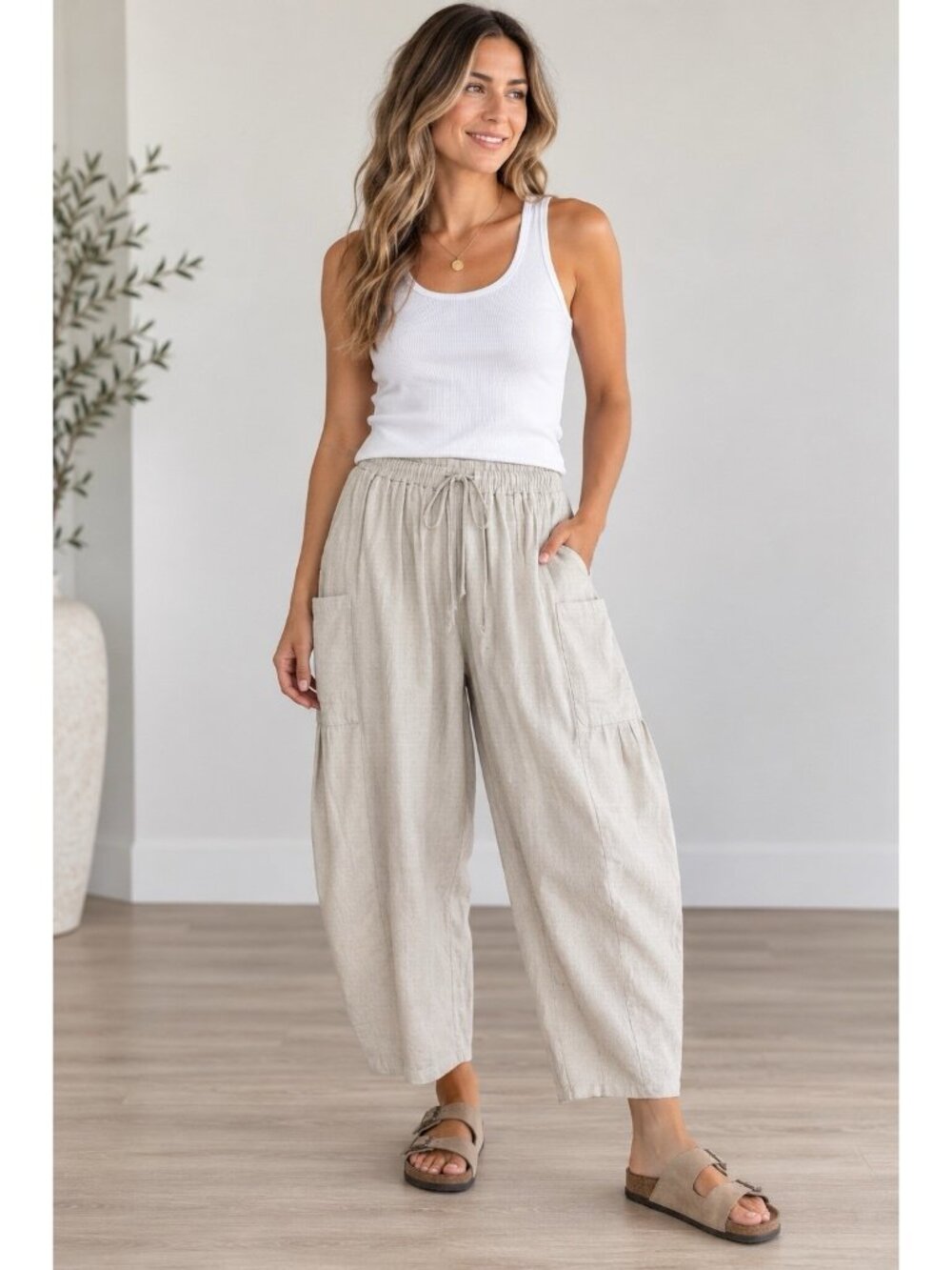 Tarse Women Barrel Leg Pants M Beige Drawstring Waist High Rise Pocket Boho